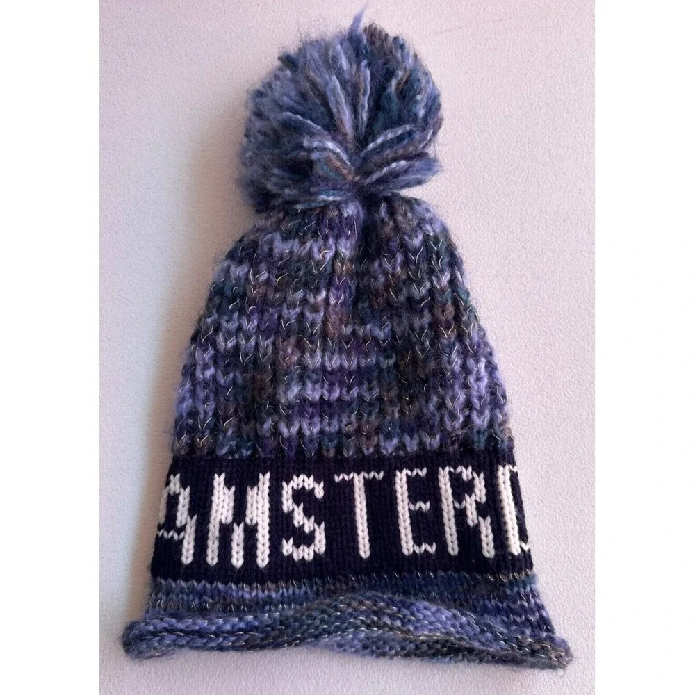 Amsterdam Blue Black Pom Pom Beanie Tassel Slouchy Knit Ski Winter Warm Hat